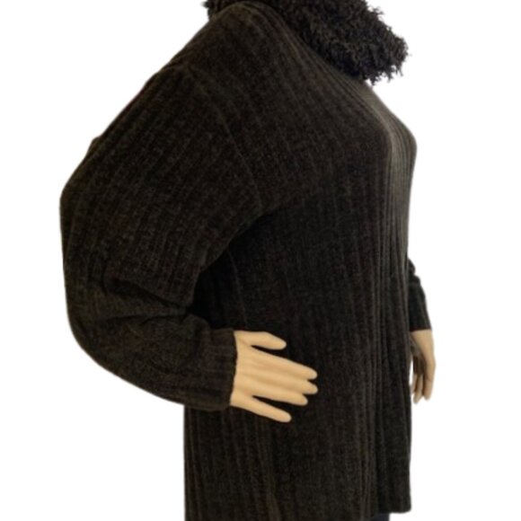 Olsen Chocolate Brown Ribbed Tunic Sweater with Fuzzy Cowl Neck - Picture 3 of 8